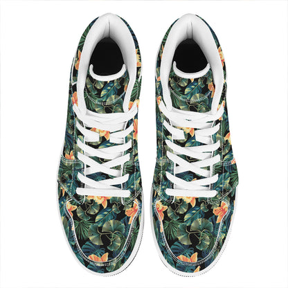 Tropical Leaf And Hawaiian Flower Print High Top Leather Sneakers