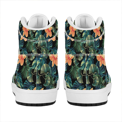 Tropical Leaf And Hawaiian Flower Print High Top Leather Sneakers