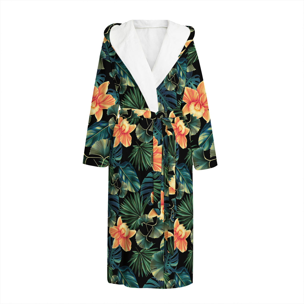 Tropical Leaf And Hawaiian Flower Print Hooded Bathrobe