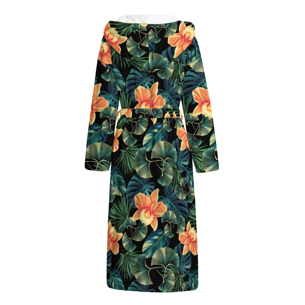 Tropical Leaf And Hawaiian Flower Print Hooded Bathrobe