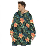 Tropical Leaf And Hawaiian Flower Print Hoodie Blanket