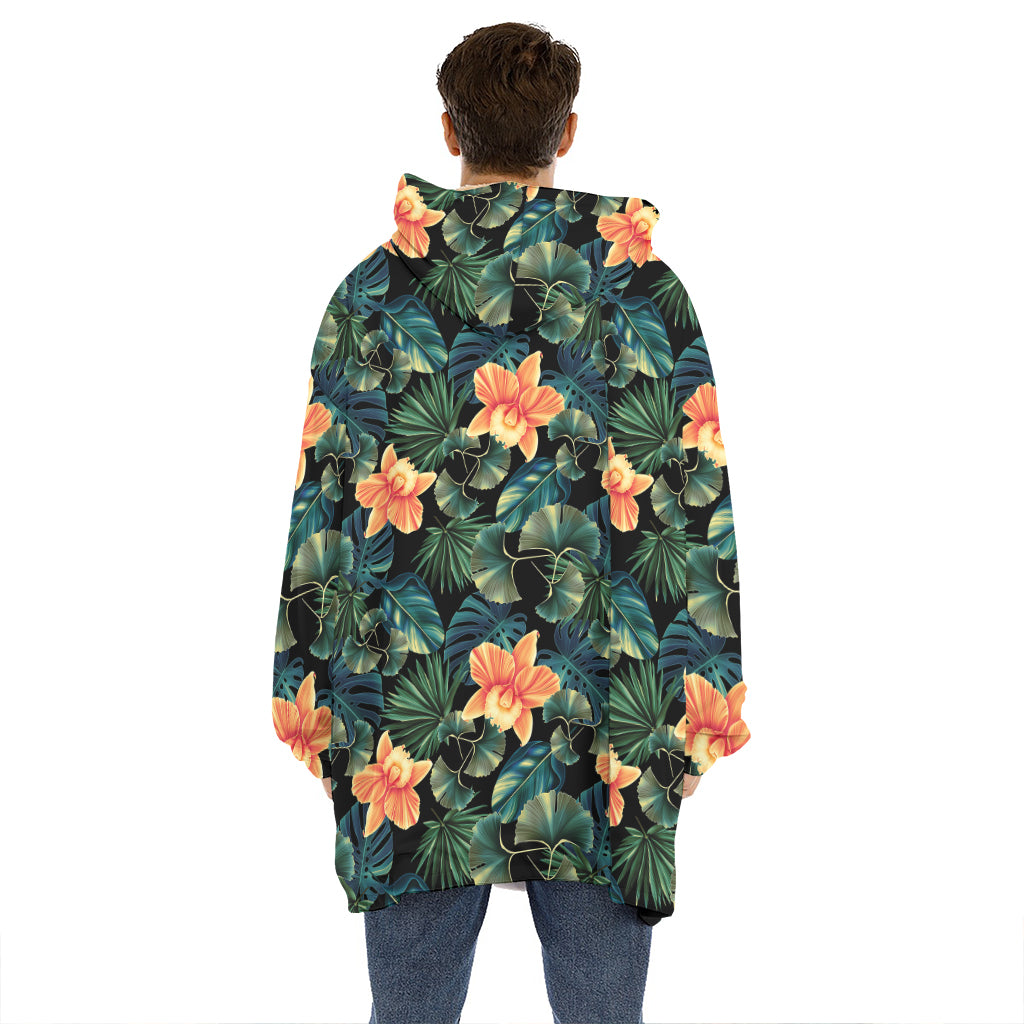 Tropical Leaf And Hawaiian Flower Print Hoodie Blanket