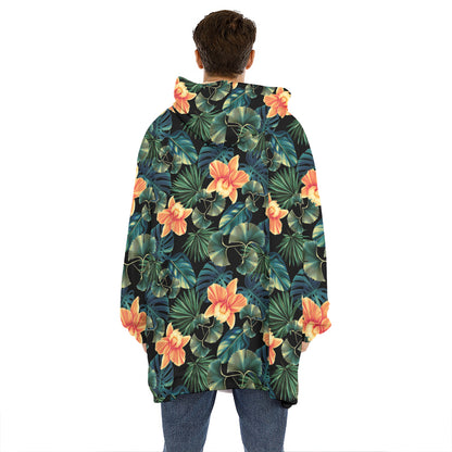 Tropical Leaf And Hawaiian Flower Print Hoodie Blanket