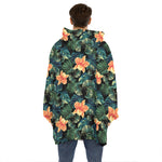 Tropical Leaf And Hawaiian Flower Print Hoodie Blanket