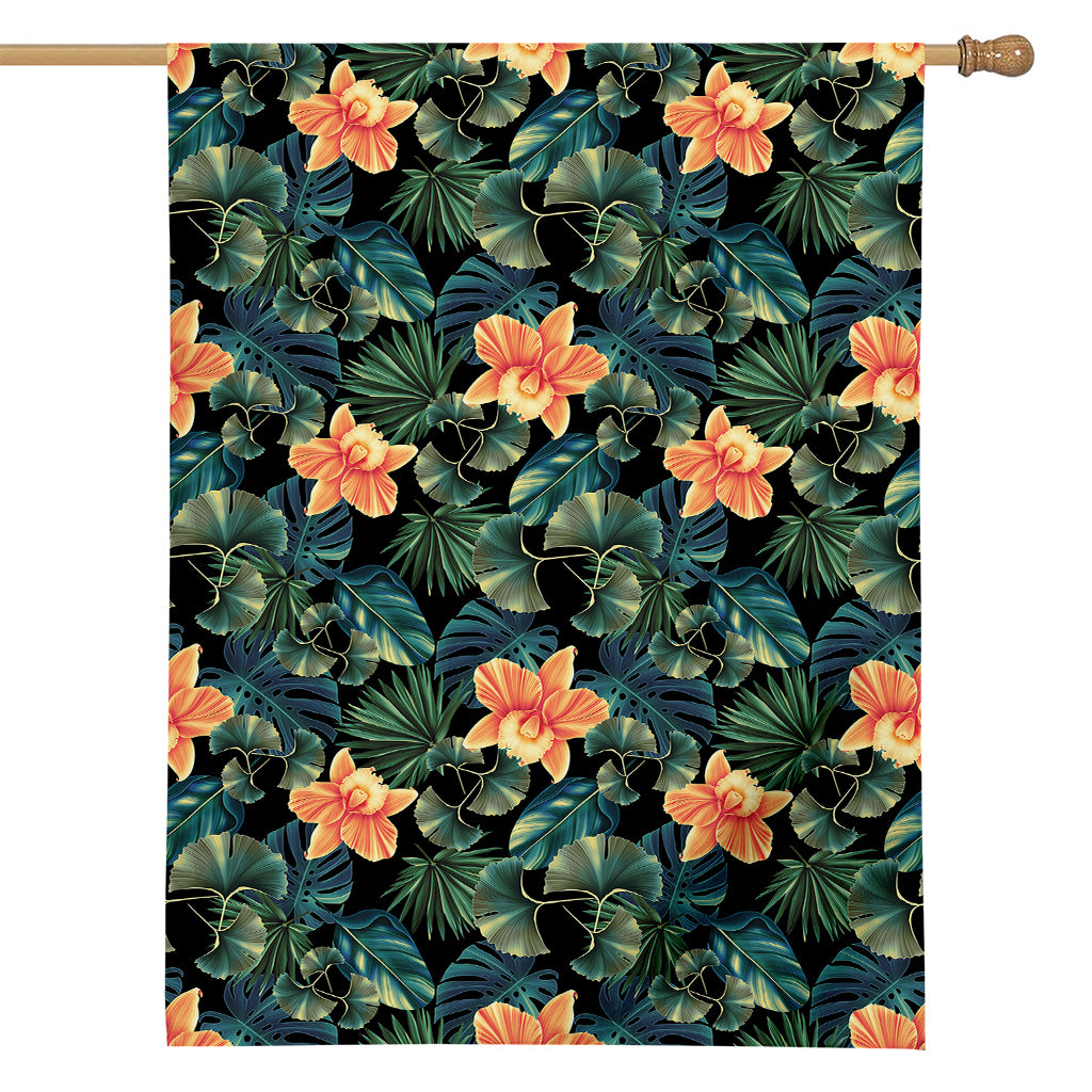 Tropical Leaf And Hawaiian Flower Print House Flag