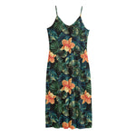 Tropical Leaf And Hawaiian Flower Print Jersey Midi Cami Dress