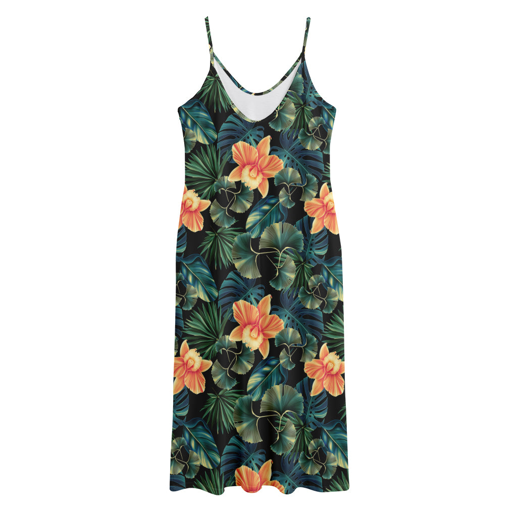 Tropical Leaf And Hawaiian Flower Print Jersey Midi Cami Dress