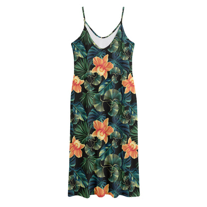 Tropical Leaf And Hawaiian Flower Print Jersey Midi Cami Dress