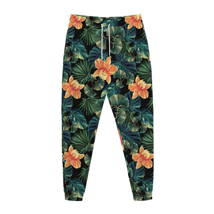 Tropical Leaf And Hawaiian Flower Print Jogger Pants