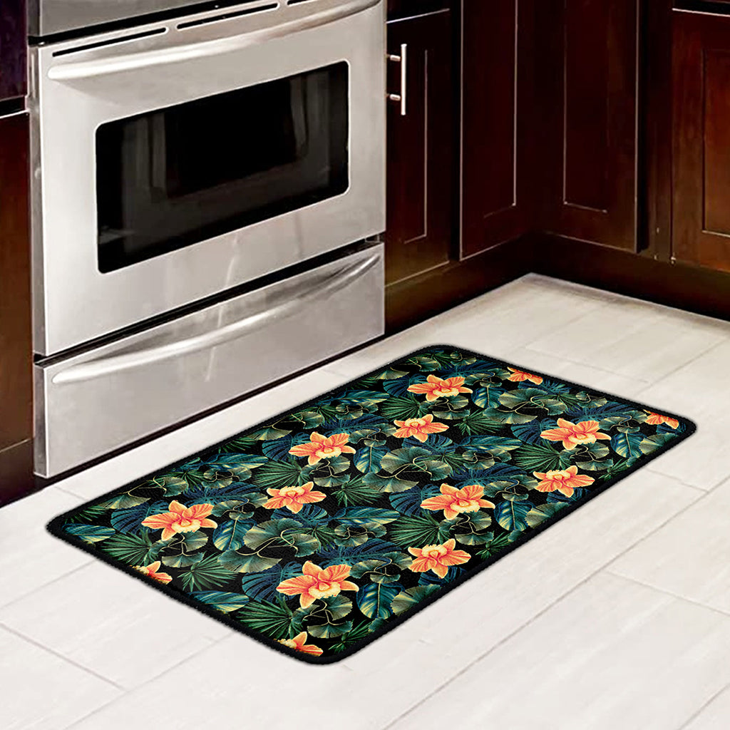 Tropical Leaf And Hawaiian Flower Print Kitchen Mat