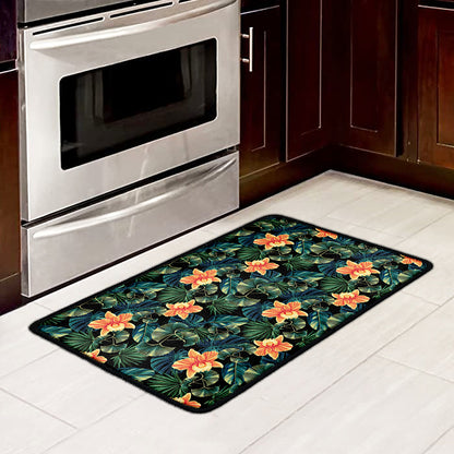 Tropical Leaf And Hawaiian Flower Print Kitchen Mat