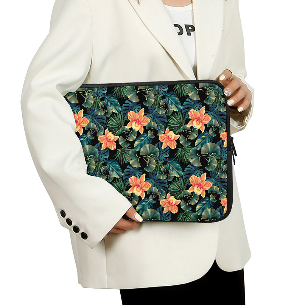 Tropical Leaf And Hawaiian Flower Print Laptop Sleeve