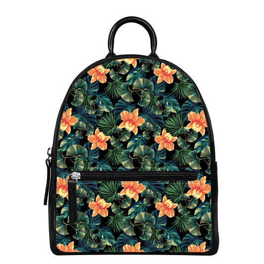 Tropical Leaf And Hawaiian Flower Print Leather Backpack