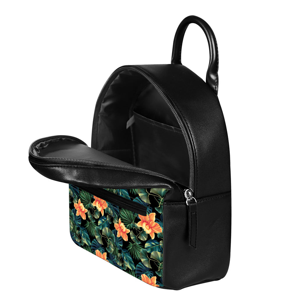 Tropical Leaf And Hawaiian Flower Print Leather Backpack
