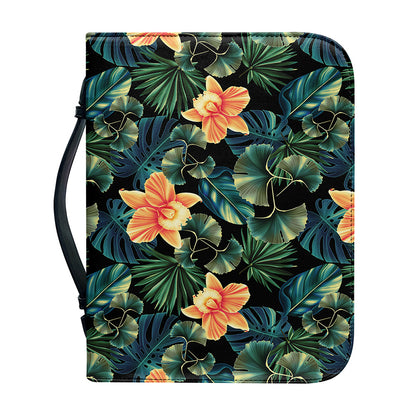 Tropical Leaf And Hawaiian Flower Print Leather Bible Cover