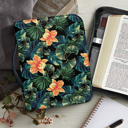 Tropical Leaf And Hawaiian Flower Print Leather Bible Cover