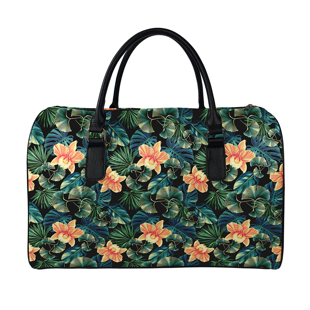 Tropical Leaf And Hawaiian Flower Print Leather Duffle Bag