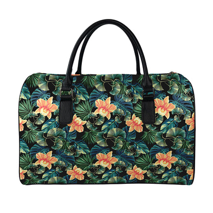 Tropical Leaf And Hawaiian Flower Print Leather Duffle Bag