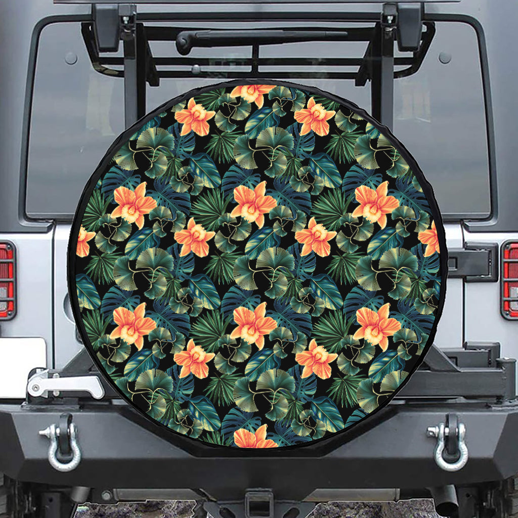 Tropical Leaf And Hawaiian Flower Print Leather Spare Tire Cover