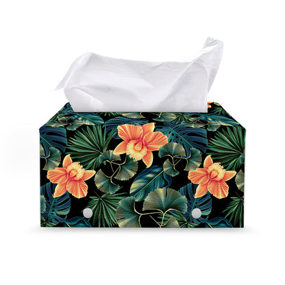 Tropical Leaf And Hawaiian Flower Print Leather Tissue Box Cover