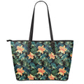 Tropical Leaf And Hawaiian Flower Print Leather Tote Bag With Zipper