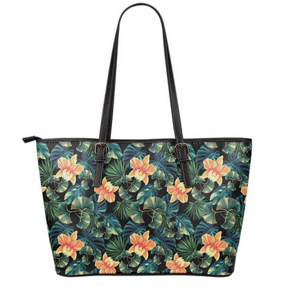 Tropical Leaf And Hawaiian Flower Print Leather Tote Bag