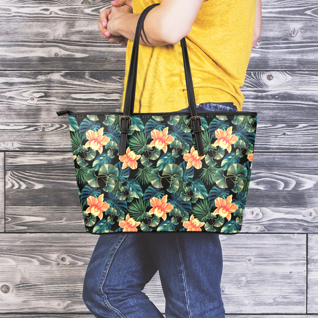 Tropical Leaf And Hawaiian Flower Print Leather Tote Bag