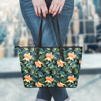 Tropical Leaf And Hawaiian Flower Print Leather Tote Bag