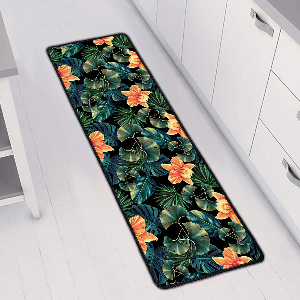 Tropical Leaf And Hawaiian Flower Print Long Kitchen Mat