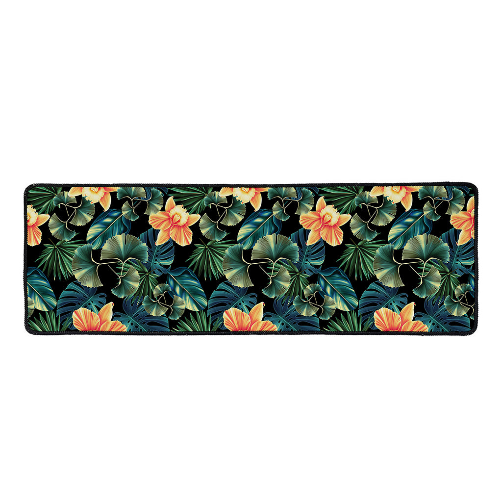 Tropical Leaf And Hawaiian Flower Print Long Kitchen Mat