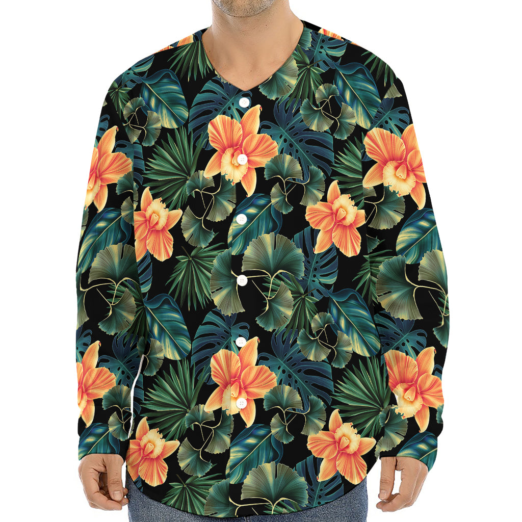 Tropical Leaf And Hawaiian Flower Print Long Sleeve Baseball Jersey