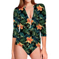 Tropical Leaf And Hawaiian Flower Print Long Sleeve Swimsuit