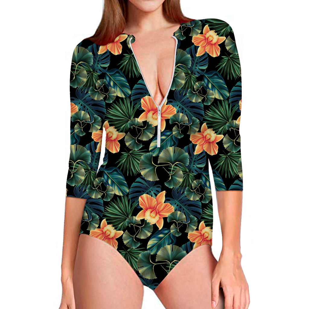 Tropical Leaf And Hawaiian Flower Print Long Sleeve Swimsuit