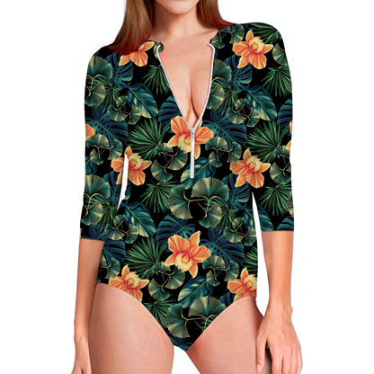 Tropical Leaf And Hawaiian Flower Print Long Sleeve Swimsuit