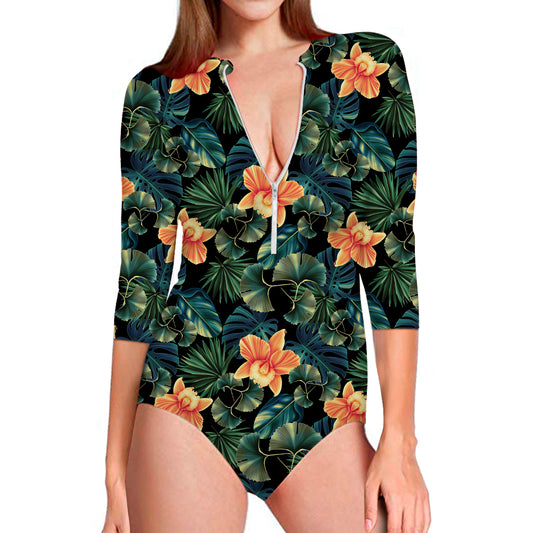 Tropical Leaf And Hawaiian Flower Print Long Sleeve Swimsuit