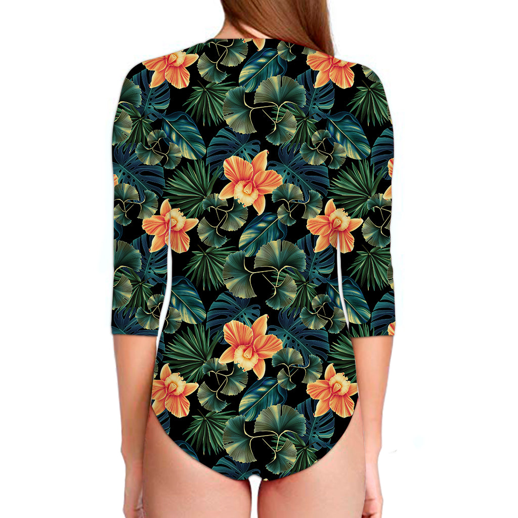 Tropical Leaf And Hawaiian Flower Print Long Sleeve Swimsuit