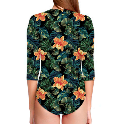 Tropical Leaf And Hawaiian Flower Print Long Sleeve Swimsuit