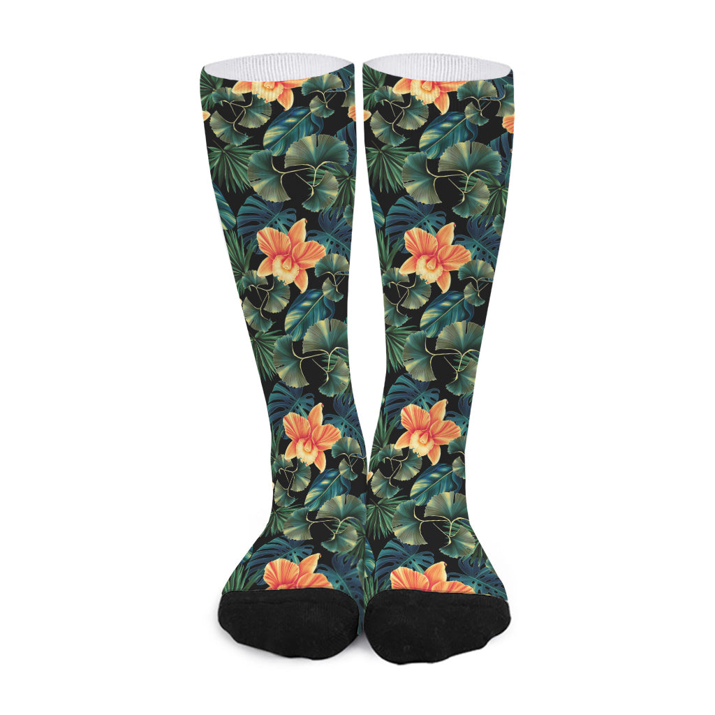 Tropical Leaf And Hawaiian Flower Print Long Socks