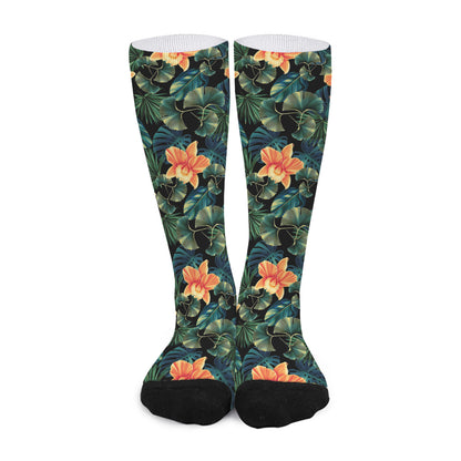 Tropical Leaf And Hawaiian Flower Print Long Socks