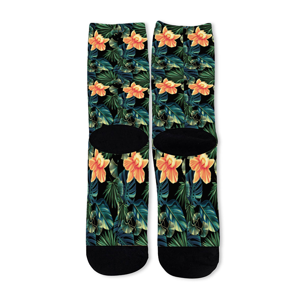 Tropical Leaf And Hawaiian Flower Print Long Socks