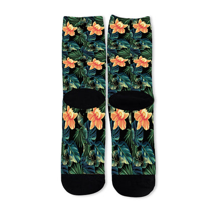 Tropical Leaf And Hawaiian Flower Print Long Socks