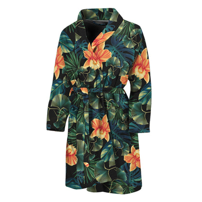 Tropical Leaf And Hawaiian Flower Print Men's Bathrobe