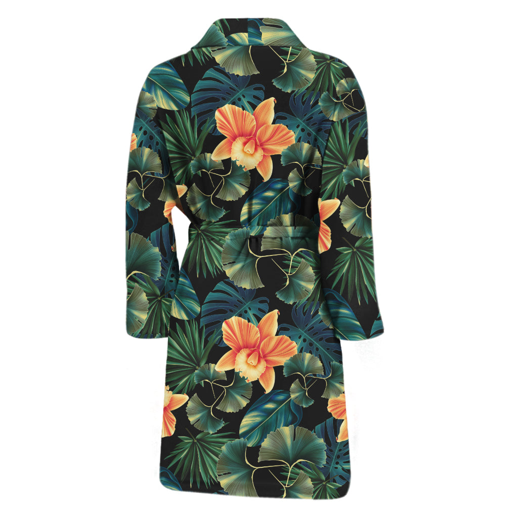 Tropical Leaf And Hawaiian Flower Print Men's Bathrobe