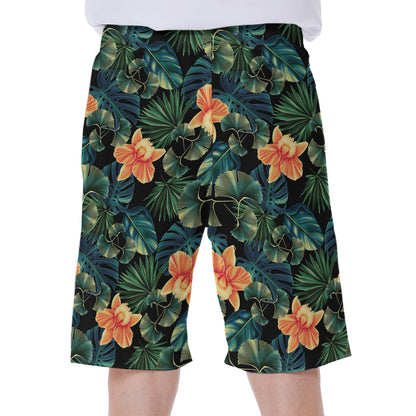 Tropical Leaf And Hawaiian Flower Print Men's Beach Shorts