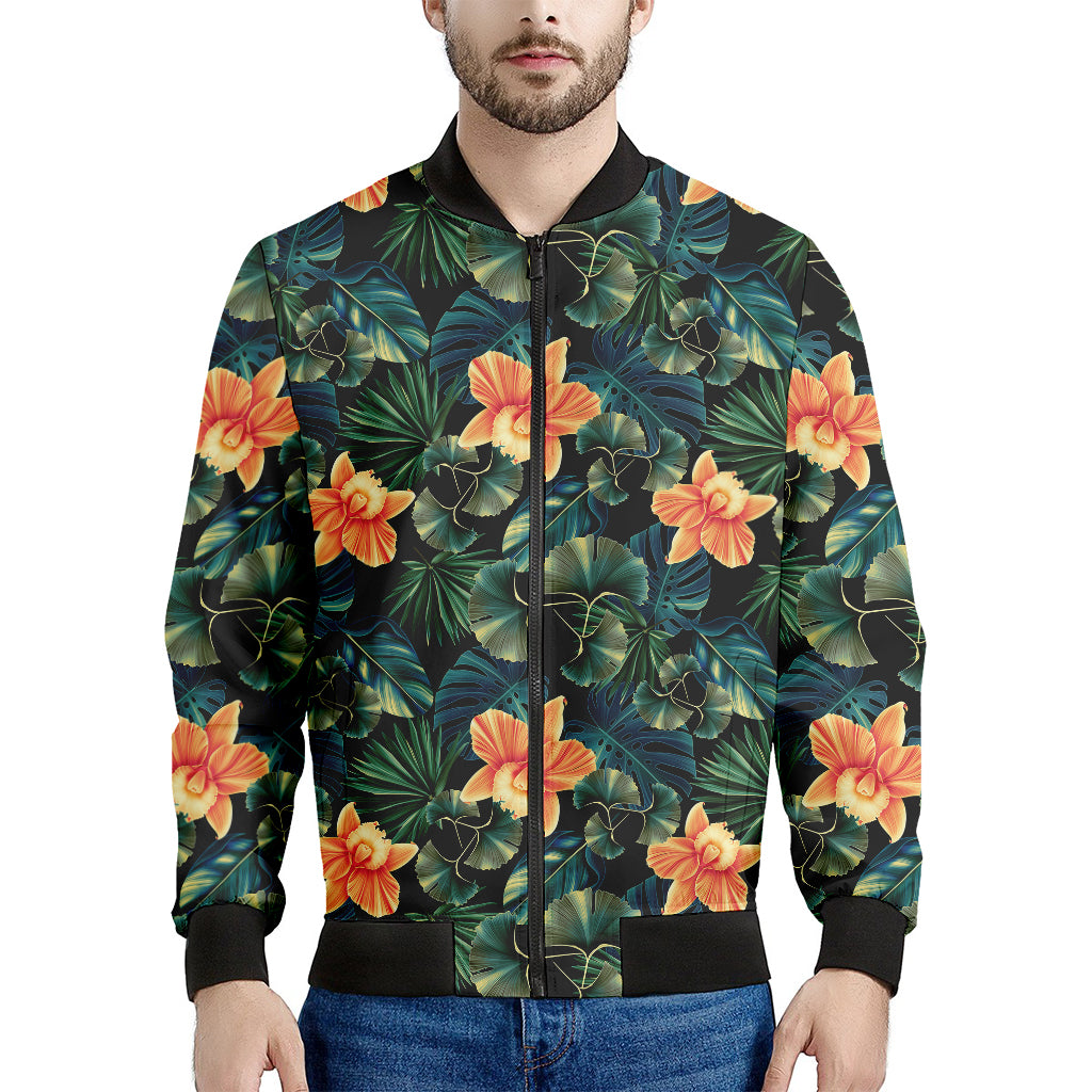 Tropical Leaf And Hawaiian Flower Print Men's Bomber Jacket