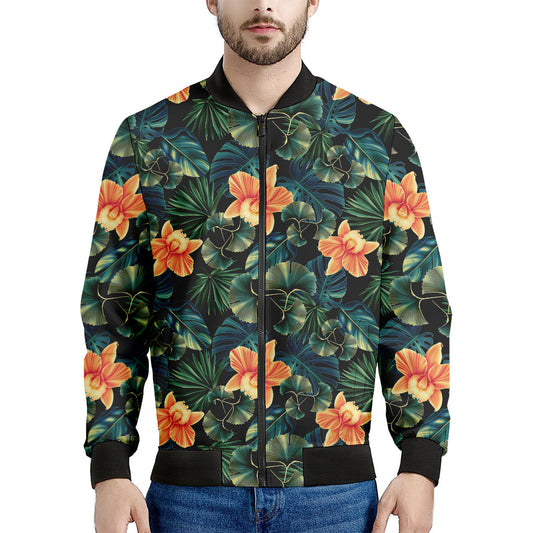 Tropical Leaf And Hawaiian Flower Print Men's Bomber Jacket