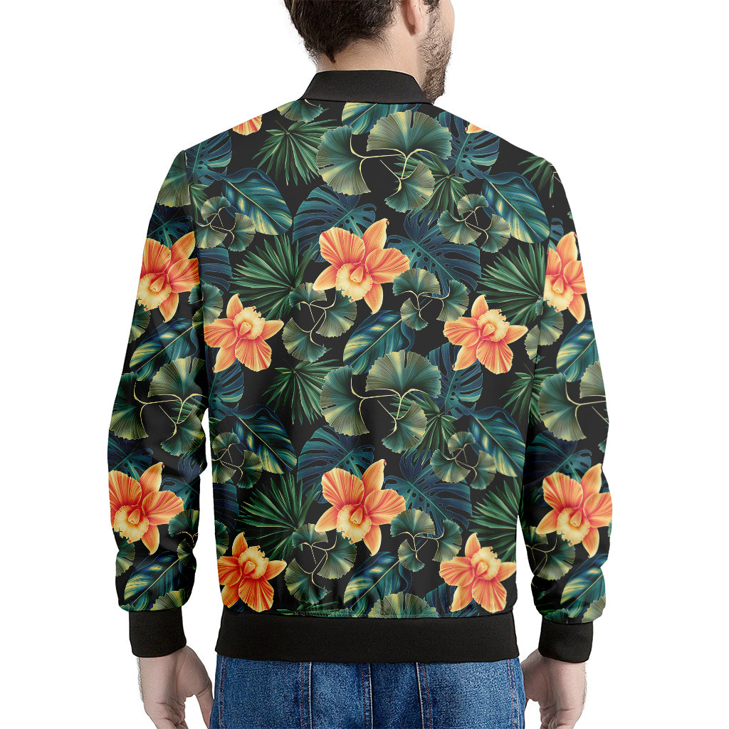 Tropical Leaf And Hawaiian Flower Print Men's Bomber Jacket