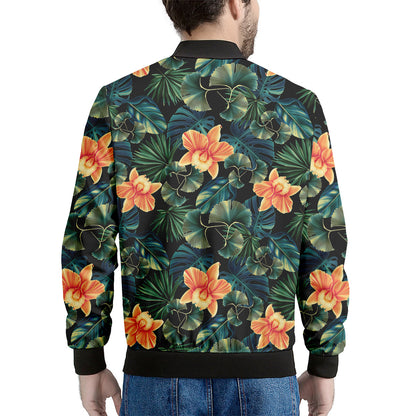 Tropical Leaf And Hawaiian Flower Print Men's Bomber Jacket