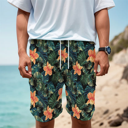 Tropical Leaf And Hawaiian Flower Print Men's Cargo Shorts