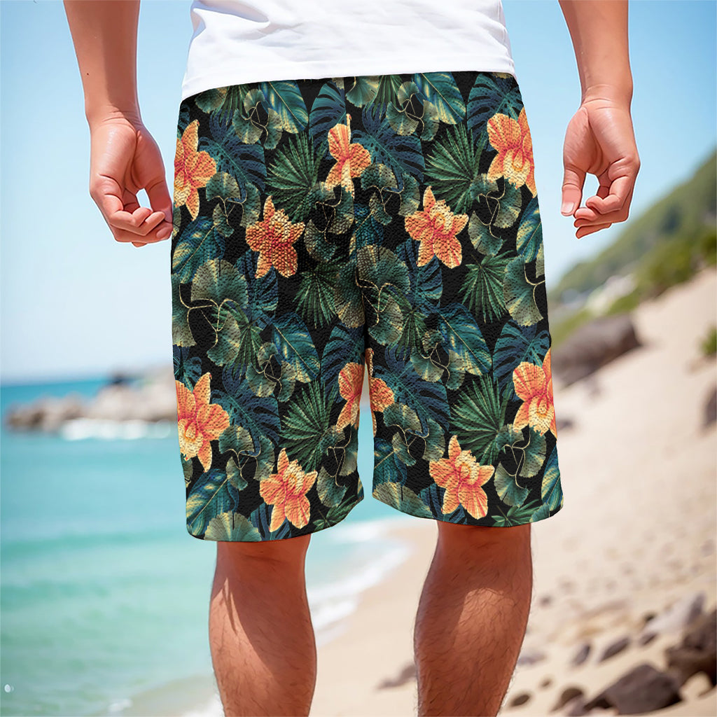 Tropical Leaf And Hawaiian Flower Print Men's Cargo Shorts